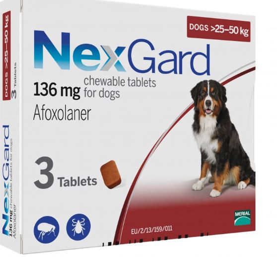NEXGARD CHEWS FOR DOGS 25.1-50 KG / 60.1-121 LBS - RED 3 CHEWS - The Poultry coop